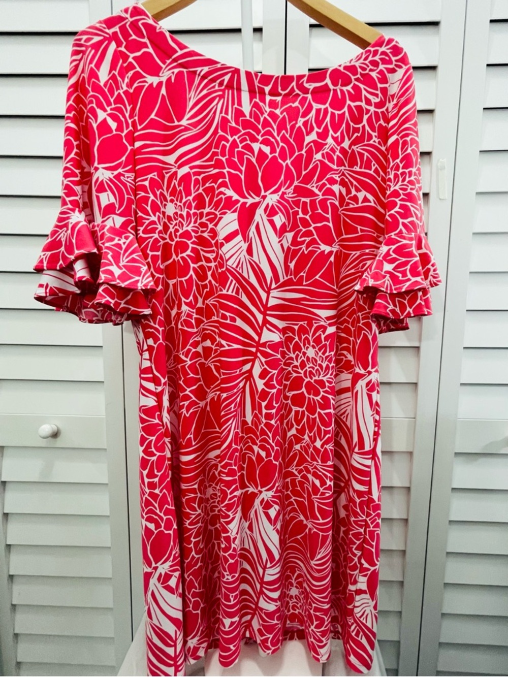 Pappagallo Bright Pink & White Floral Double Ruffle Bell Sleeve  Dress Size L